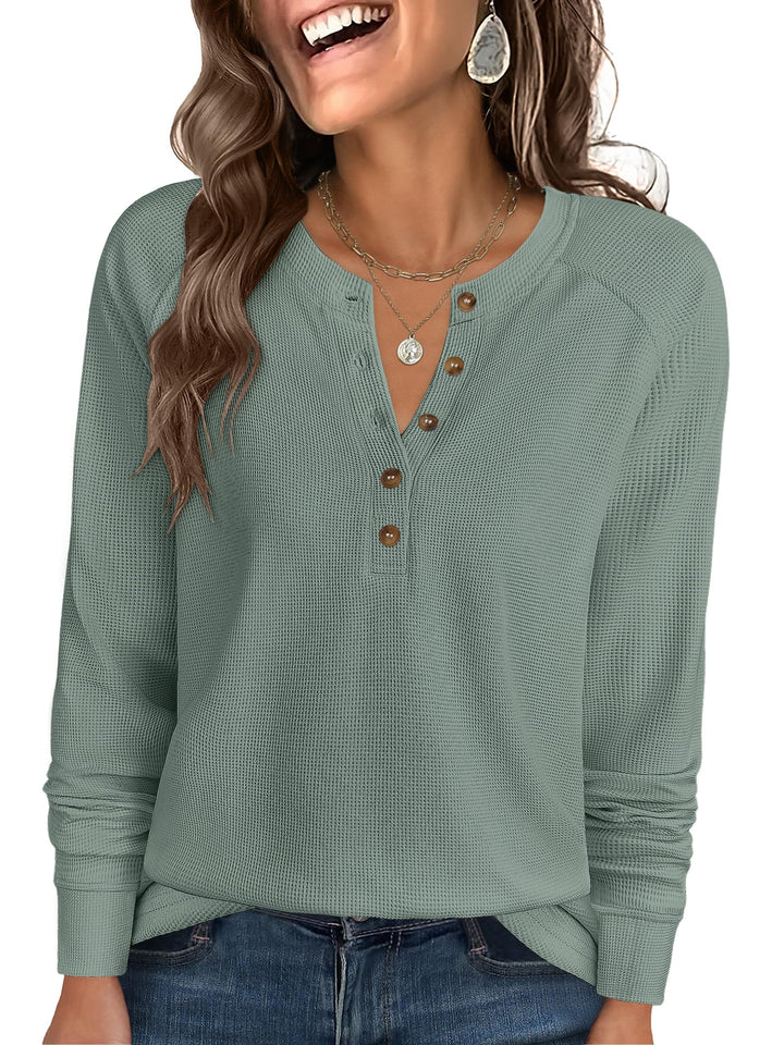 ANRABESS Long Sleeve Waffle Knit Shirts for Women Spring Fall Dressy Casual Button Up V Neck Henley Tops Loose Basic Tees Winter Clothes