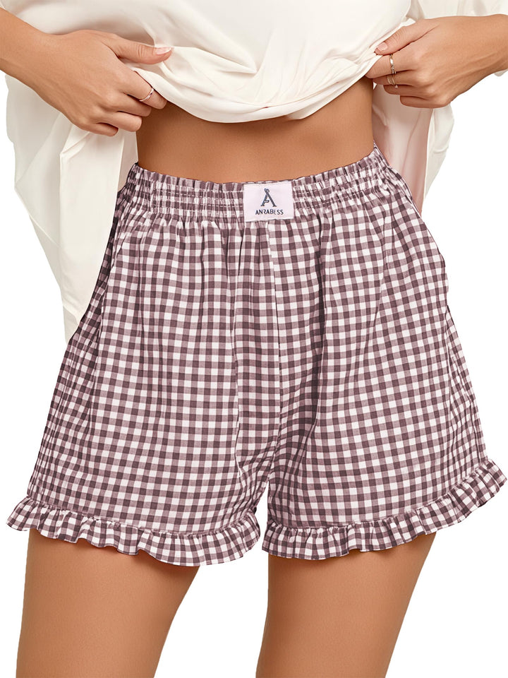 ANRABESS Womens Ruffle Boxer Shorts Pajama Gingham Shorts Summer Casual Lounge Sleep Plaid Beach Bottoms Pockets 2026 Trendy