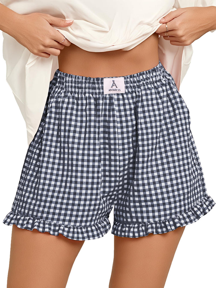 ANRABESS Womens Ruffle Boxer Shorts Pajama Gingham Shorts Summer Casual Lounge Sleep Plaid Beach Bottoms Pockets 2026 Trendy