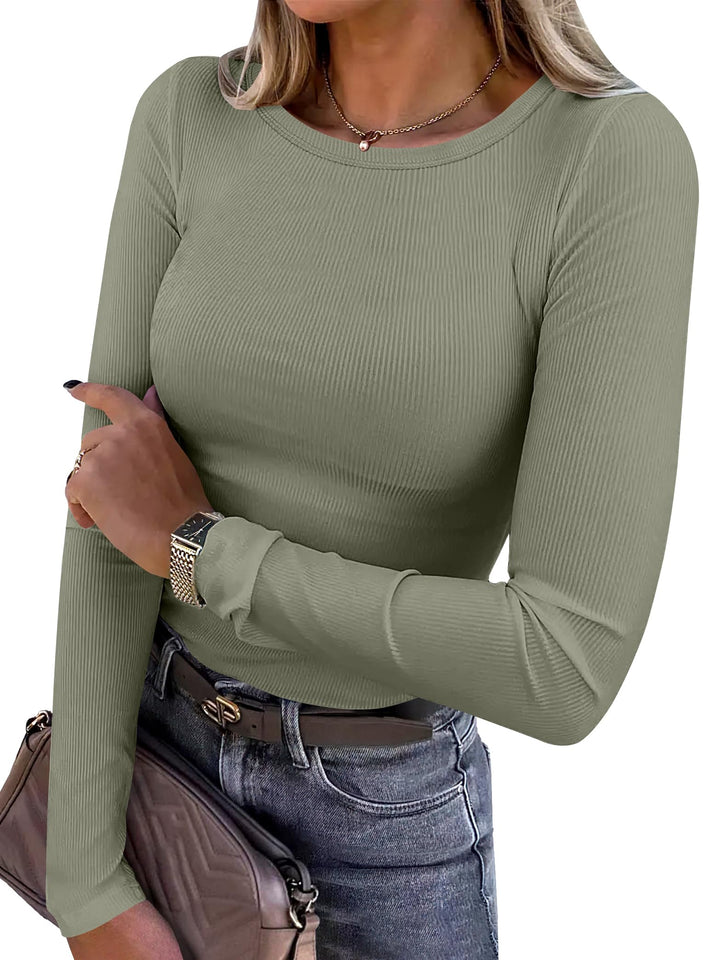 ANRABESS Long Sleeve Shirts for Women Ribbed Knit Slim Fit Basic Tops Crewneck Tees Spring Fall Casual Underscrubs Layer Clothes