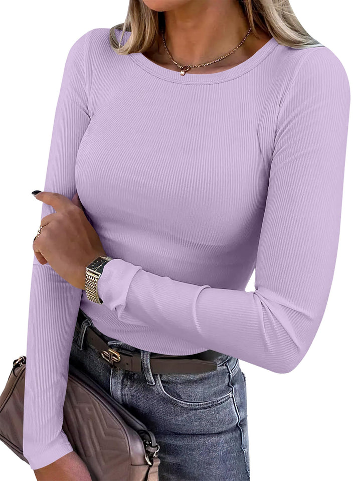 ANRABESS Long Sleeve Shirts for Women Ribbed Knit Slim Fit Basic Tops Crewneck Tees Spring Fall Casual Underscrubs Layer Clothes