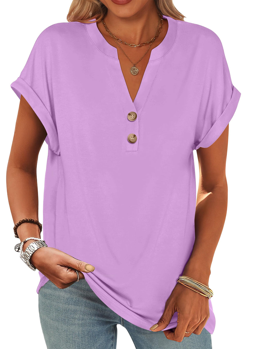 ANRABESS Womens Short Sleeve Henley Tops V Neck Dressy Casual Blouses Summer Trendy Tee Shirts 2026 Vacation Fashion Clothes