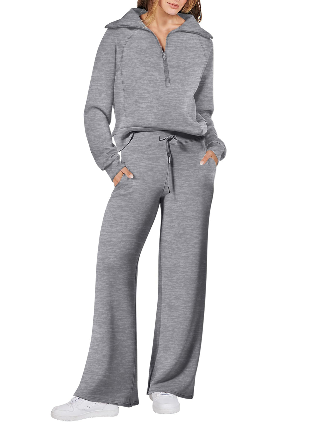ANRABESS 2 Piece Outfits for Women Half Zip Sweatshirt & Wide Leg Pants Airport Travel Lounge Matching Fall Winter Sets Sweatsuits Clothing
