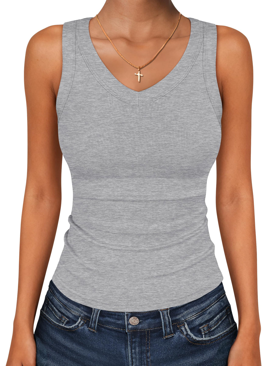 ANRABESS Womens Tank Tops 2026 Ribbed V Neck Summer Tops Basic Slim Fitted Sleeveless T Shirts Soft Knit Cami Tee Casual Layering Shirts