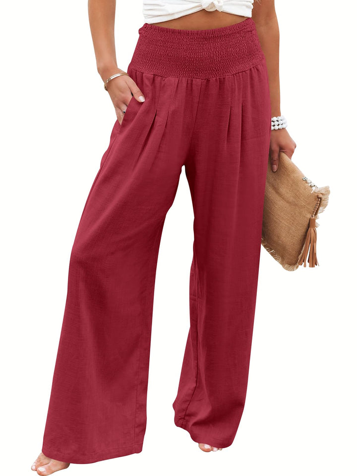 ANRABESS Linen Wide Leg Pants for Women Summer Boho High Waist Palazzo Pants Beach Lounge Casual Trousers with Pockets Vacation Clothes