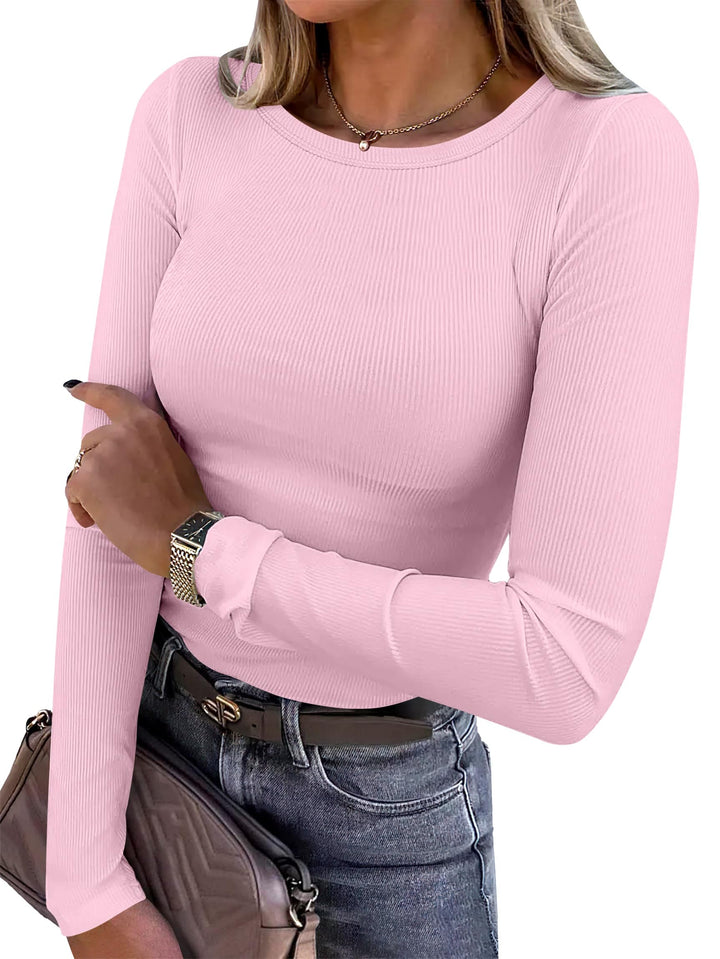 ANRABESS Long Sleeve Shirts for Women Ribbed Knit Slim Fit Basic Tops Crewneck Tees Spring Fall Casual Underscrubs Layer Clothes