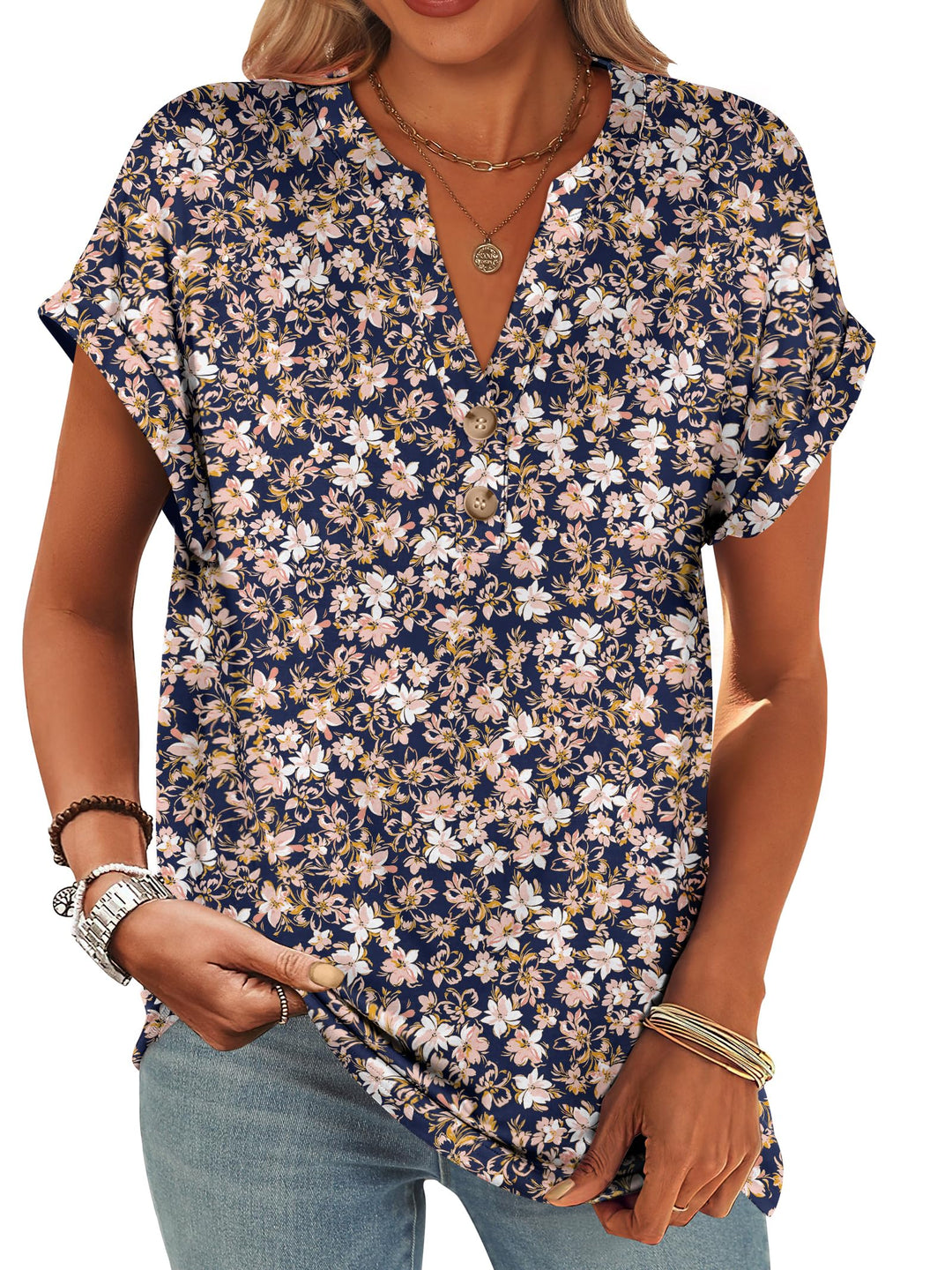 ANRABESS Womens Short Sleeve Henley Tops V Neck Dressy Casual Blouses Summer Trendy Tee Shirts 2026 Vacation Fashion Clothes