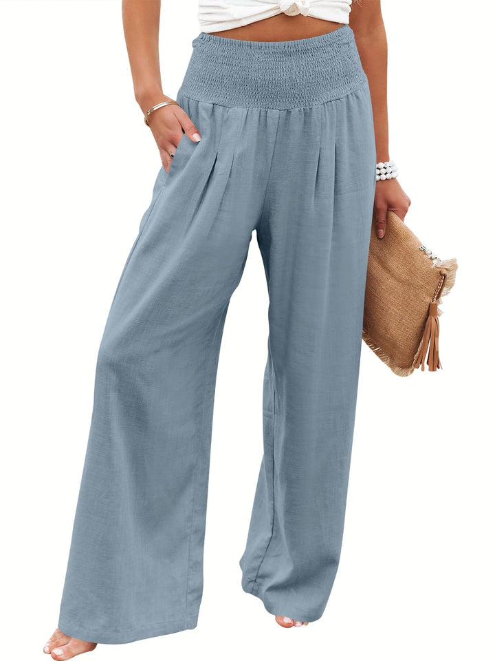 ANRABESS Linen Wide Leg Pants for Women Summer Boho High Waist Palazzo Pants Beach Lounge Casual Trousers with Pockets Vacation Clothes