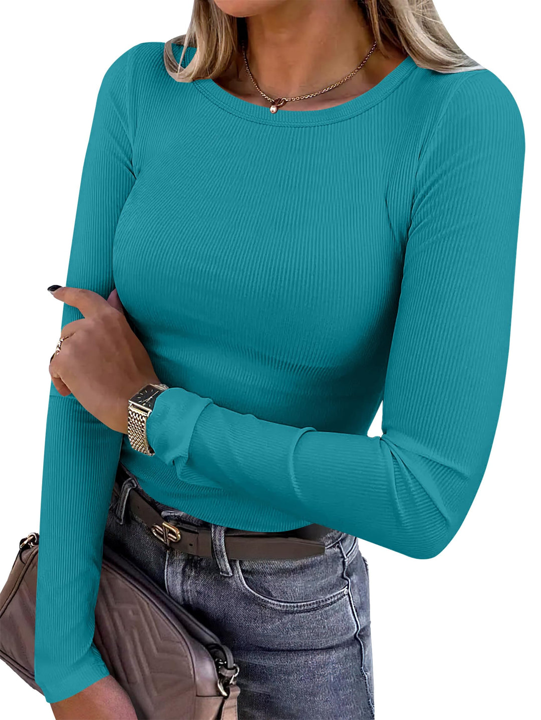 ANRABESS Long Sleeve Shirts for Women Ribbed Knit Slim Fit Basic Tops Crewneck Tees Spring Fall Casual Underscrubs Layer Clothes