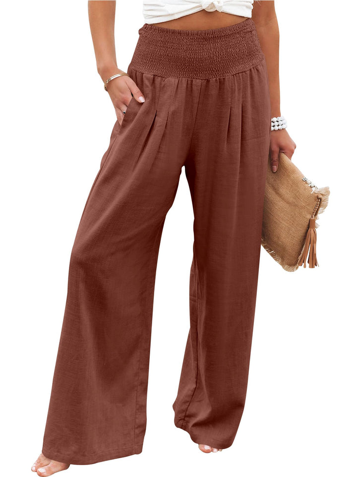ANRABESS Linen Wide Leg Pants for Women Summer Boho High Waist Palazzo Pants Beach Lounge Casual Trousers with Pockets Vacation Clothes