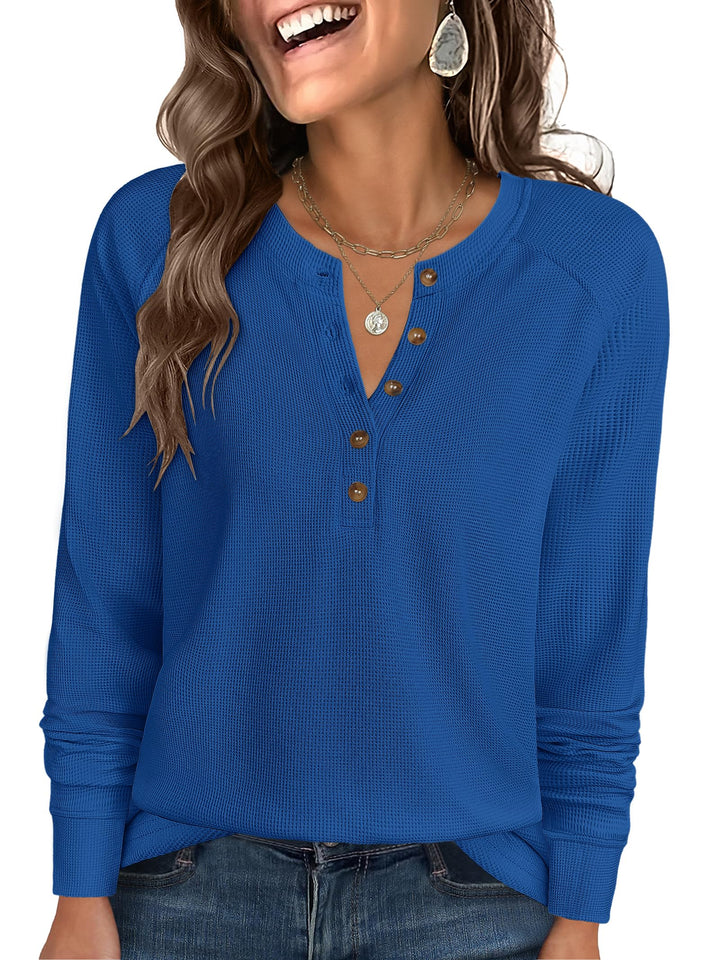 ANRABESS Long Sleeve Waffle Knit Shirts for Women Spring Fall Dressy Casual Button Up V Neck Henley Tops Loose Basic Tees Winter Clothes