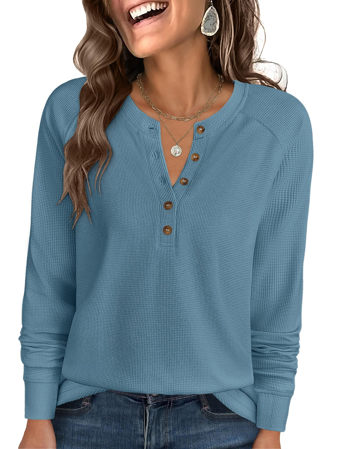 ANRABESS Long Sleeve Waffle Knit Shirts for Women Spring Fall Dressy Casual Button Up V Neck Henley Tops Loose Basic Tees Winter Clothes