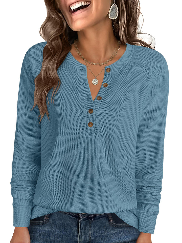 ANRABESS Long Sleeve Waffle Knit Shirts for Women Spring Fall Dressy Casual Button Up V Neck Henley Tops Loose Basic Tees Winter Clothes