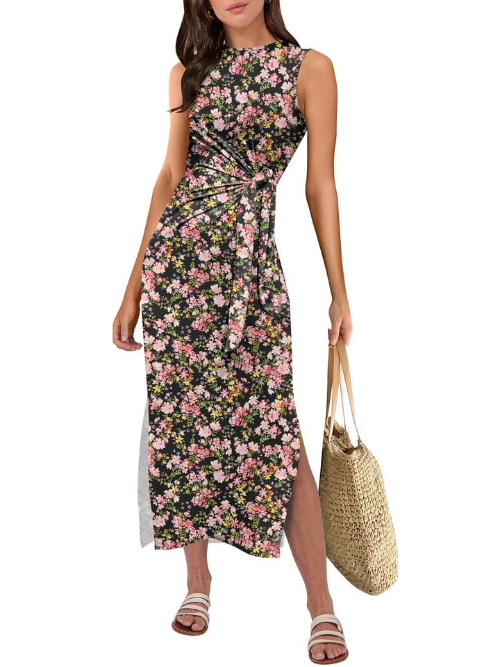 ANRABESS Maxi Dresses for Women 2026 Summer Tie Waist Split Midi Dresses Sleeveless Crewneck Slim Fit Long Tank Dress Casual Travel Beach Tshirt Dress