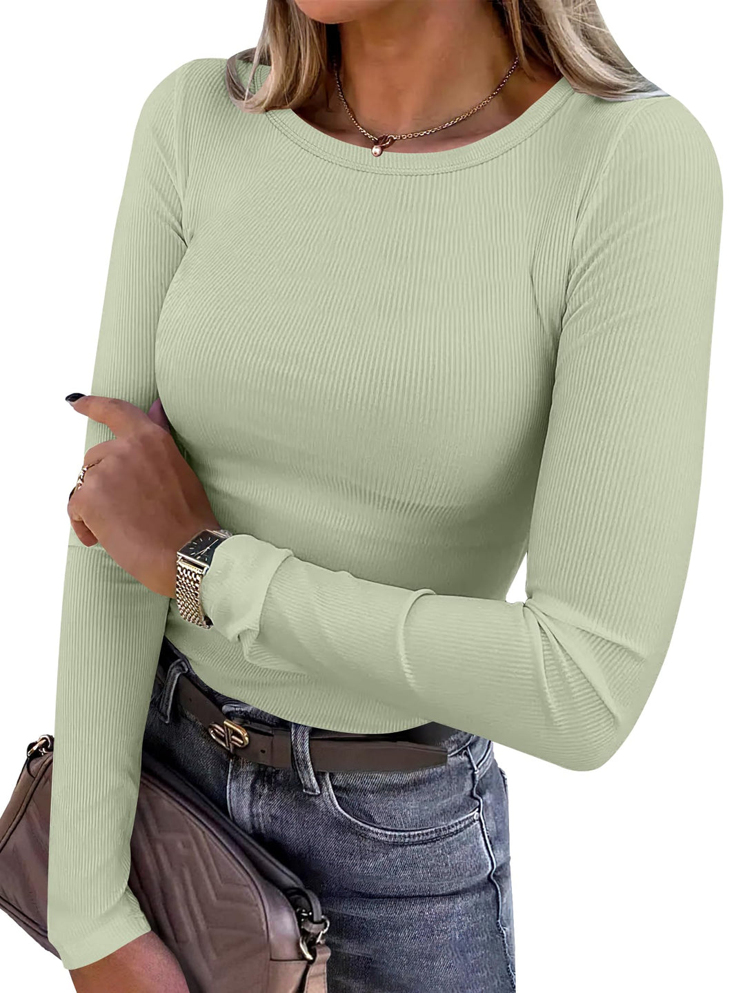 ANRABESS Long Sleeve Shirts for Women Ribbed Knit Slim Fit Basic Tops Crewneck Tees Spring Fall Casual Underscrubs Layer Clothes