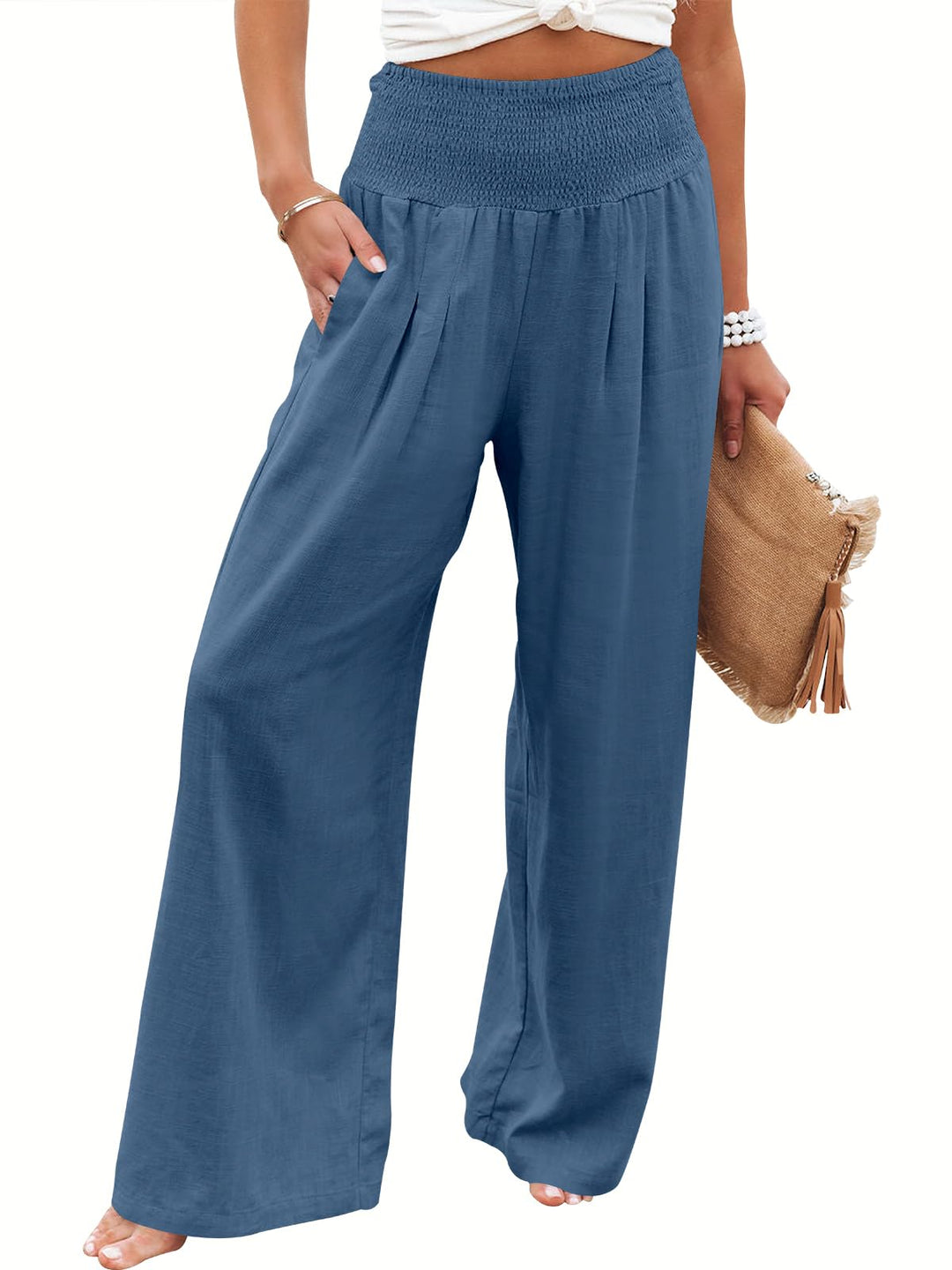 ANRABESS Linen Wide Leg Pants for Women Summer Boho High Waist Palazzo Pants Beach Lounge Casual Trousers with Pockets Vacation Clothes