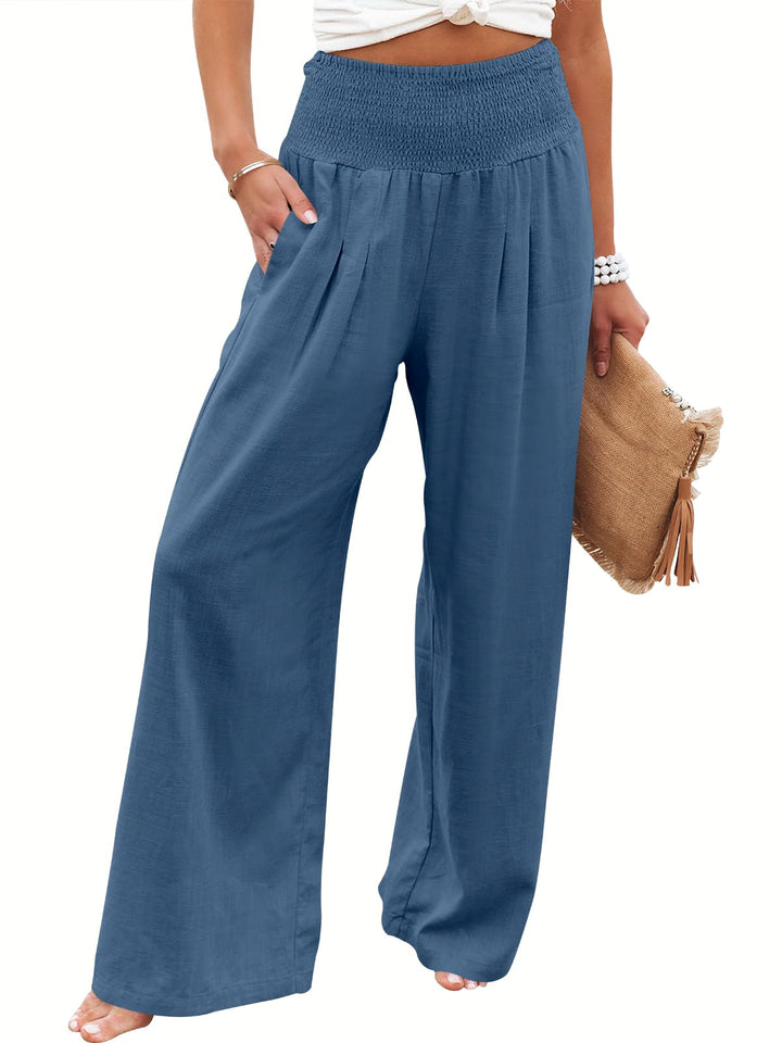 ANRABESS Linen Wide Leg Pants for Women Summer Boho High Waist Palazzo Pants Beach Lounge Casual Trousers with Pockets Vacation Clothes