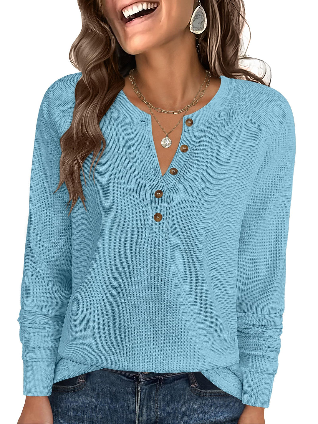 ANRABESS Long Sleeve Waffle Knit Shirts for Women Spring Fall Dressy Casual Button Up V Neck Henley Tops Loose Basic Tees Winter Clothes