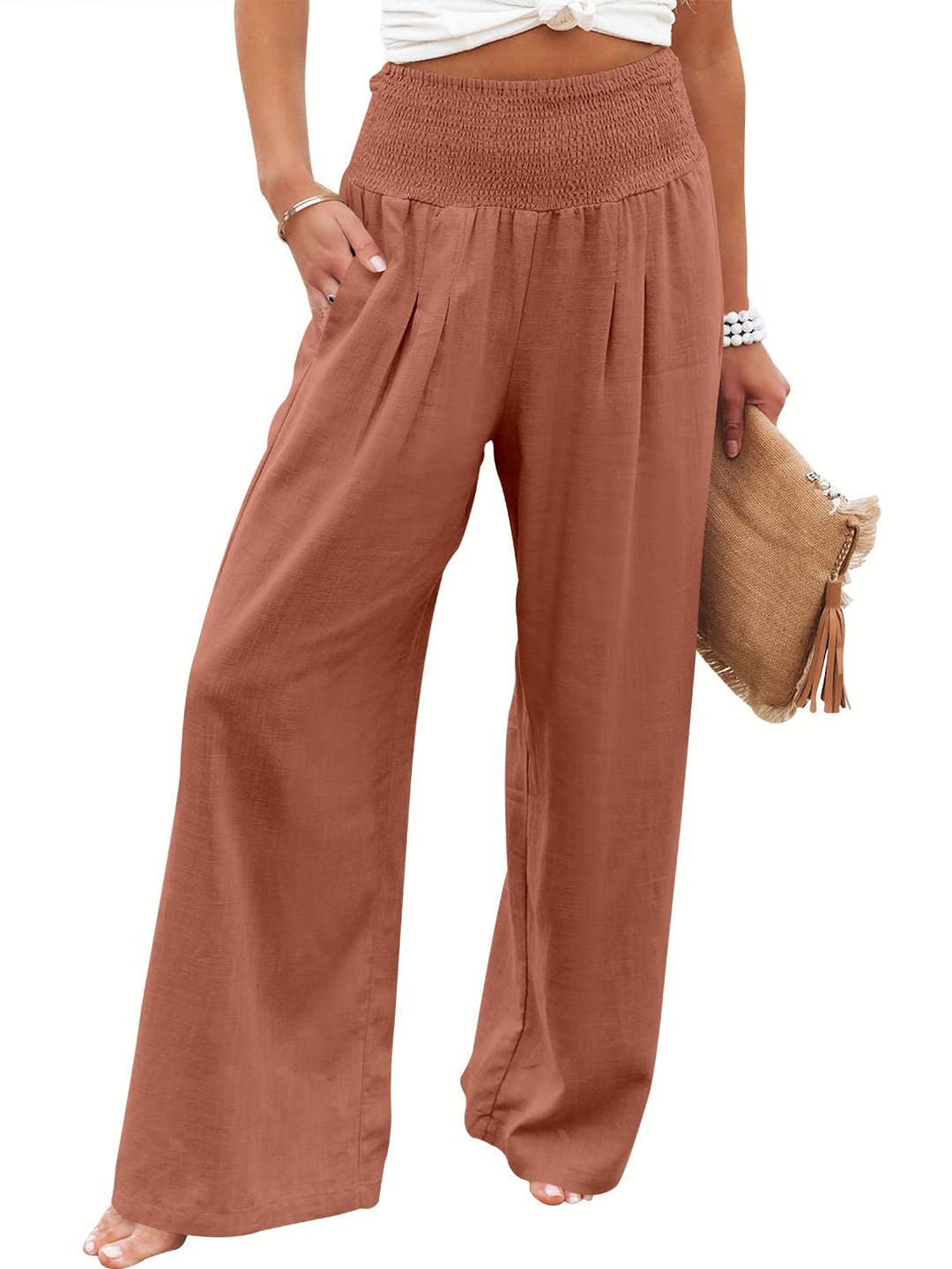 ANRABESS Linen Wide Leg Pants for Women Summer Boho High Waist Palazzo Pants Beach Lounge Casual Trousers with Pockets Vacation Clothes
