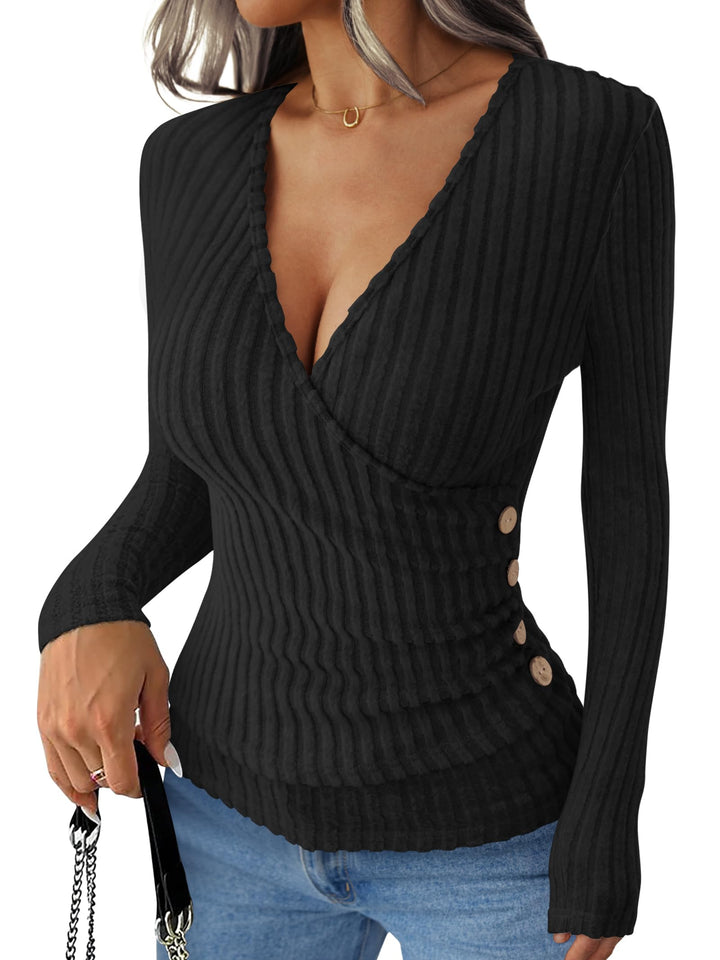 ANRABESS Long Sleeve V Neck Shirts for Women Ribbed Knit Slim Fit Wrap Top Comfy Soft Sexy Sweater Spring Fall Winter Dressy Casual Clothes