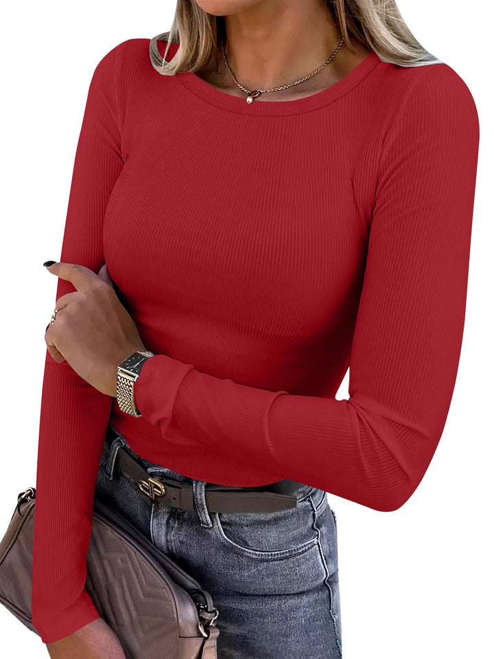 ANRABESS Long Sleeve Shirts for Women Ribbed Knit Slim Fit Basic Tops Crewneck Tees Spring Fall Casual Underscrubs Layer Clothes