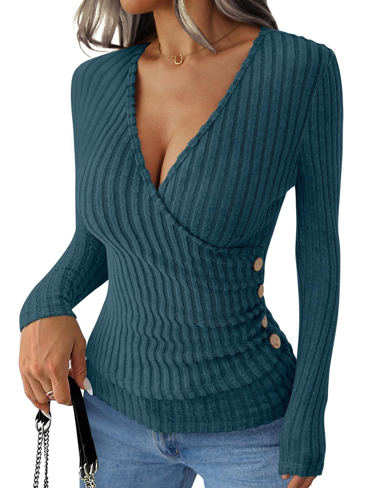 ANRABESS Long Sleeve V Neck Shirts for Women Ribbed Knit Slim Fit Wrap Top Comfy Soft Sexy Sweater Spring Fall Winter Dressy Casual Clothes