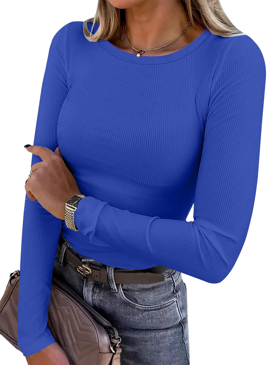 ANRABESS Long Sleeve Shirts for Women Ribbed Knit Slim Fit Basic Tops Crewneck Tees Spring Fall Casual Underscrubs Layer Clothes