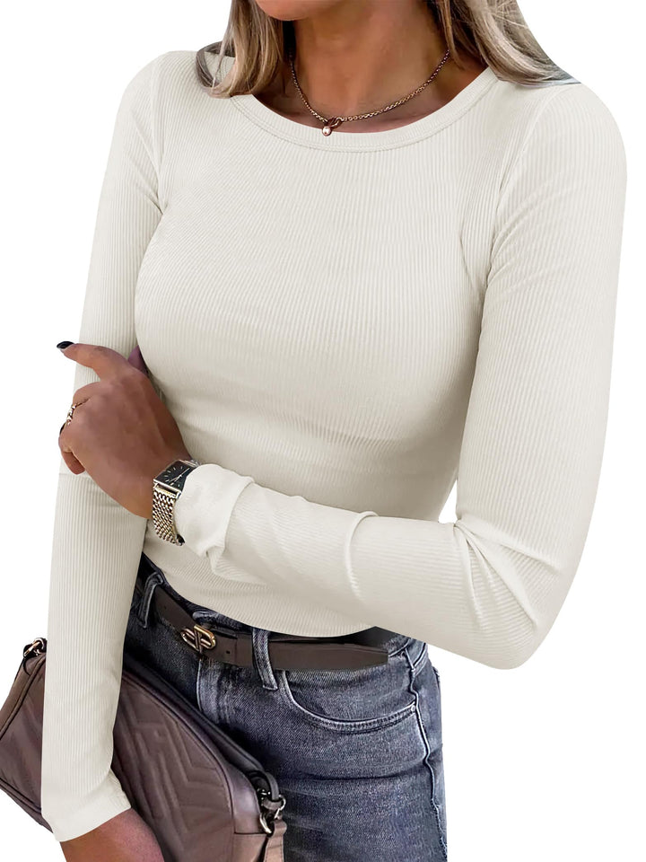 ANRABESS Long Sleeve Shirts for Women Ribbed Knit Slim Fit Basic Tops Crewneck Tees Spring Fall Casual Underscrubs Layer Clothes