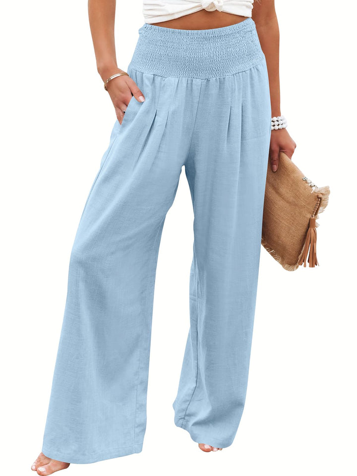 ANRABESS Linen Wide Leg Pants for Women Summer Boho High Waist Palazzo Pants Beach Lounge Casual Trousers with Pockets Vacation Clothes