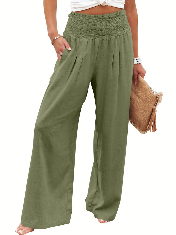 ANRABESS Linen Wide Leg Pants for Women Summer Boho High Waist Palazzo Pants Beach Lounge Casual Trousers with Pockets Vacation Clothes