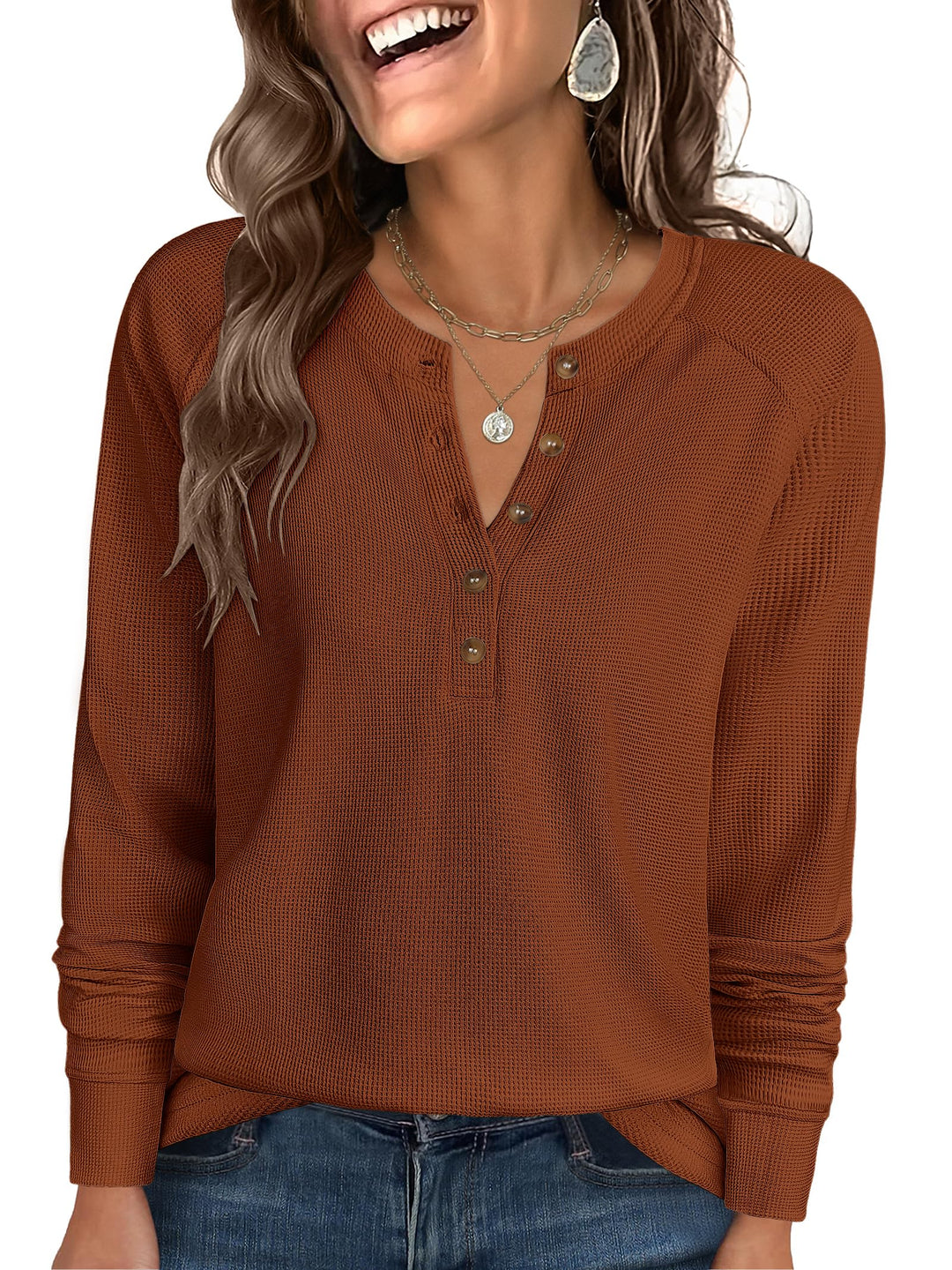 ANRABESS Long Sleeve Waffle Knit Shirts for Women Spring Fall Dressy Casual Button Up V Neck Henley Tops Loose Basic Tees Winter Clothes