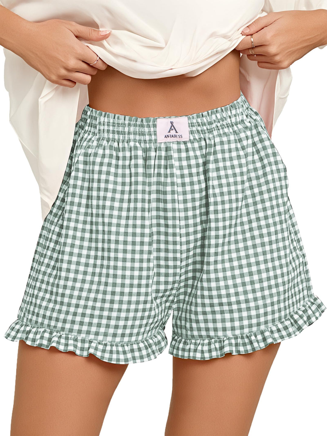 ANRABESS Womens Ruffle Boxer Shorts Pajama Gingham Shorts Summer Casual Lounge Sleep Plaid Beach Bottoms Pockets 2026 Trendy