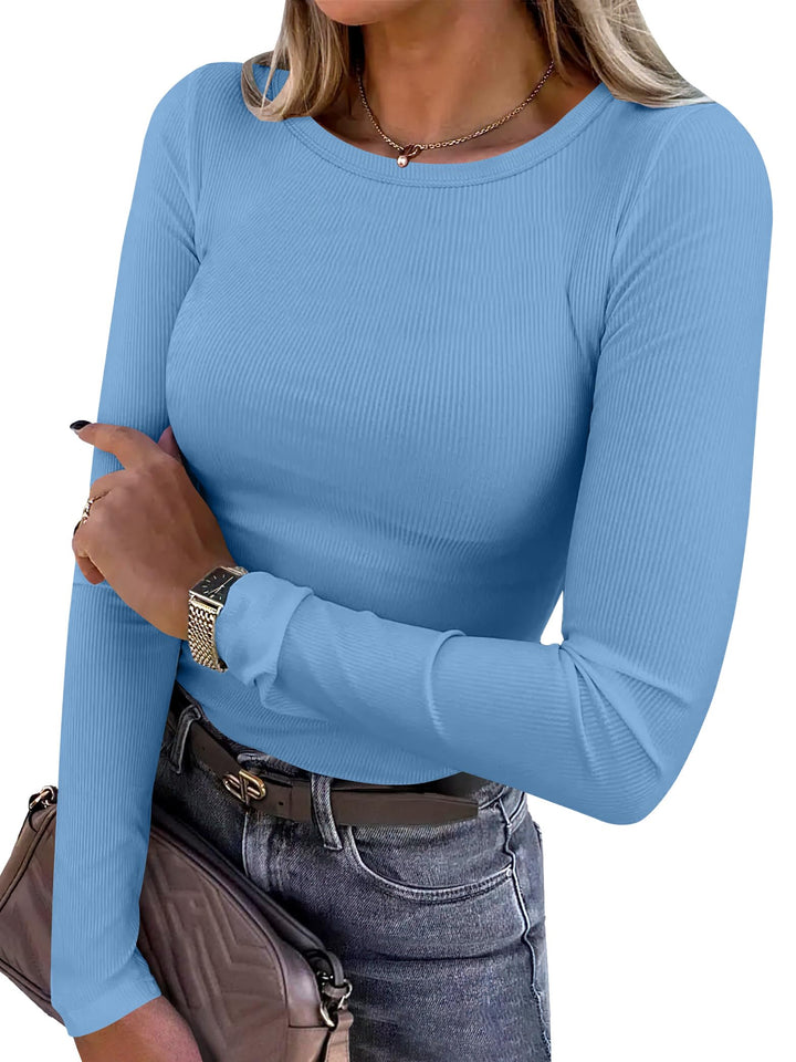 ANRABESS Long Sleeve Shirts for Women Ribbed Knit Slim Fit Basic Tops Crewneck Tees Spring Fall Casual Underscrubs Layer Clothes