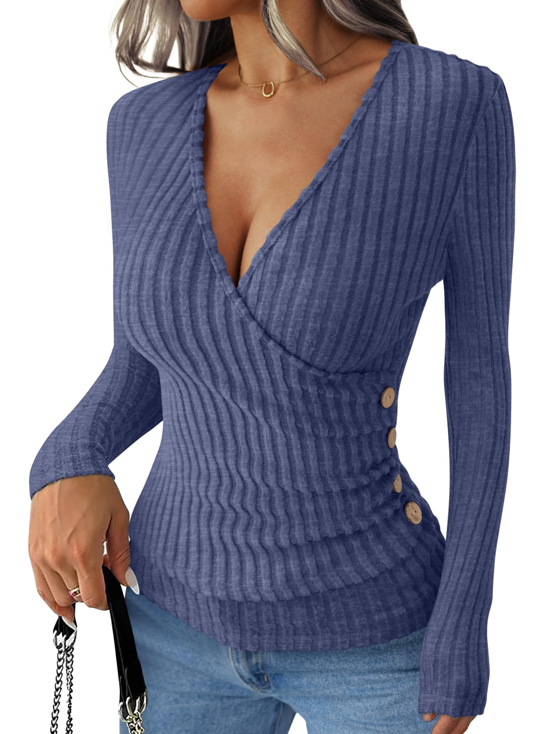 ANRABESS Long Sleeve V Neck Shirts for Women Ribbed Knit Slim Fit Wrap Top Comfy Soft Sexy Sweater Spring Fall Winter Dressy Casual Clothes