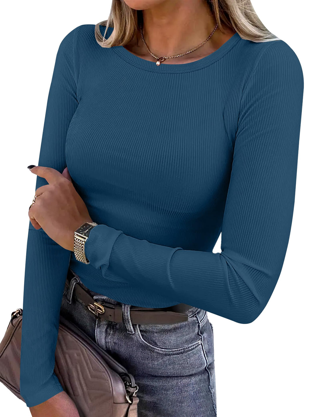 ANRABESS Long Sleeve Shirts for Women Ribbed Knit Slim Fit Basic Tops Crewneck Tees Spring Fall Casual Underscrubs Layer Clothes