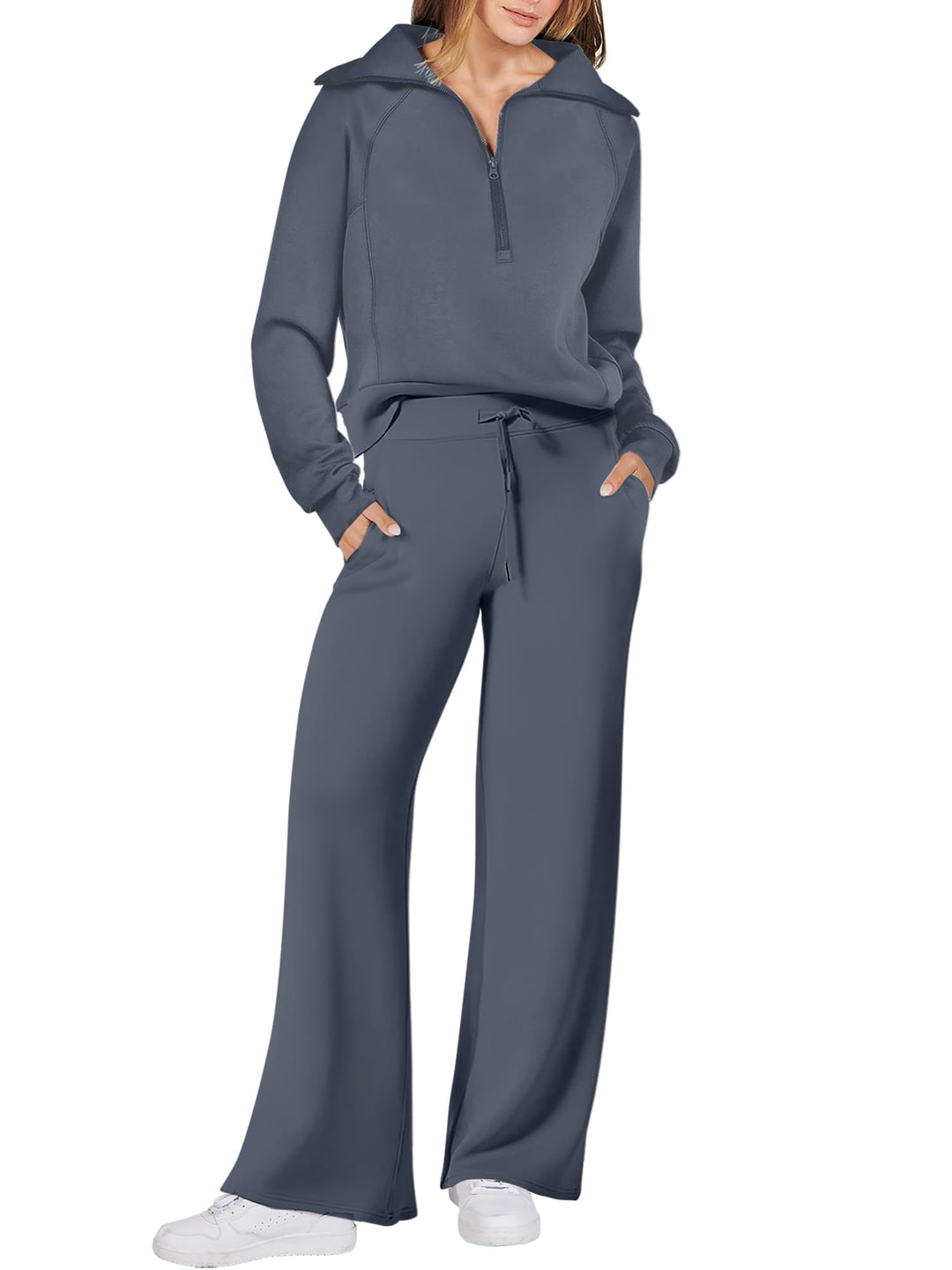 ANRABESS 2 Piece Outfits for Women Half Zip Sweatshirt & Wide Leg Pants Airport Travel Lounge Matching Fall Winter Sets Sweatsuits Clothing