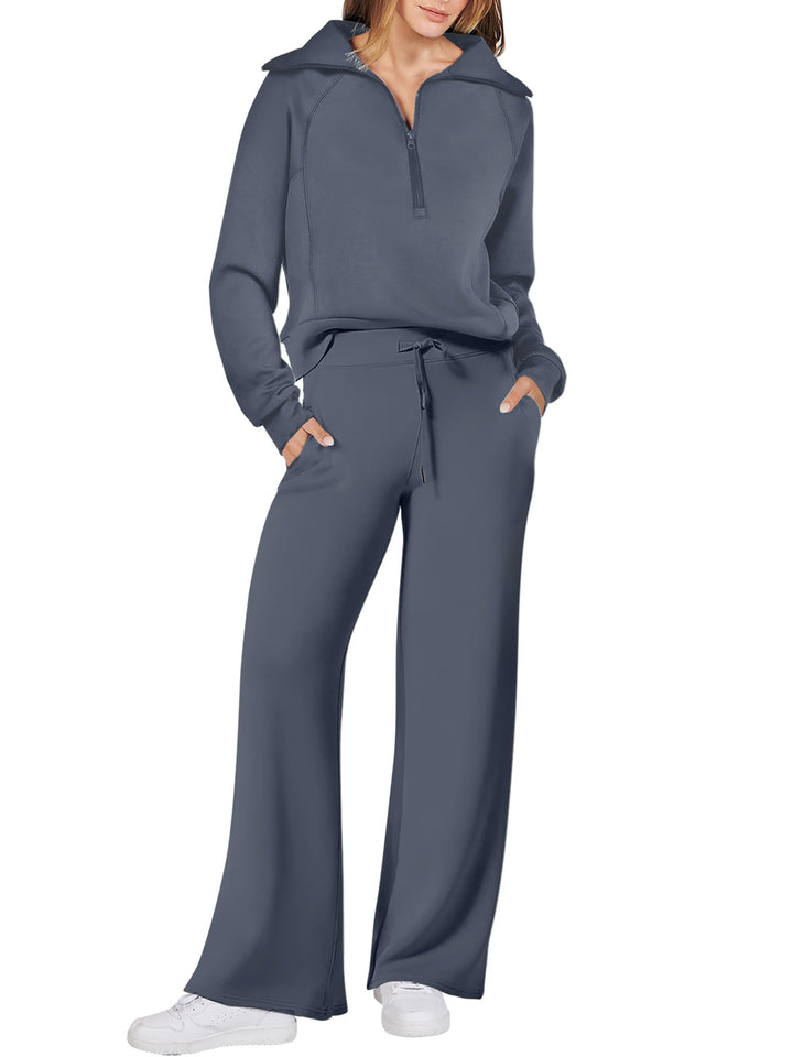 ANRABESS 2 Piece Outfits for Women Half Zip Sweatshirt & Wide Leg Pants Airport Travel Lounge Matching Fall Winter Sets Sweatsuits Clothing