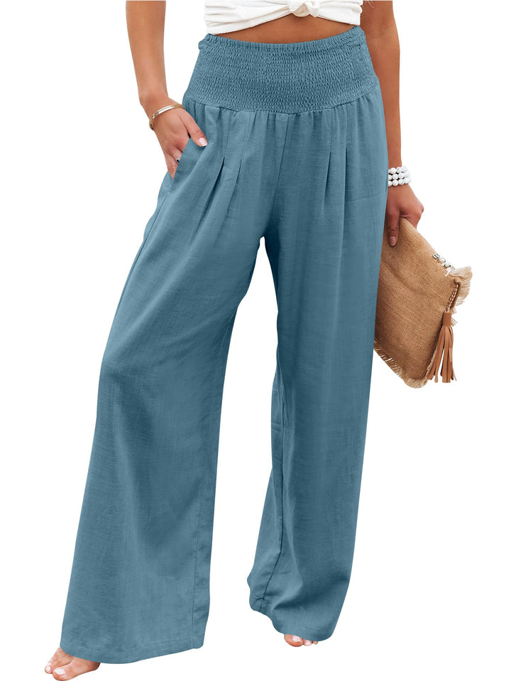ANRABESS Linen Wide Leg Pants for Women Summer Boho High Waist Palazzo Pants Beach Lounge Casual Trousers with Pockets Vacation Clothes