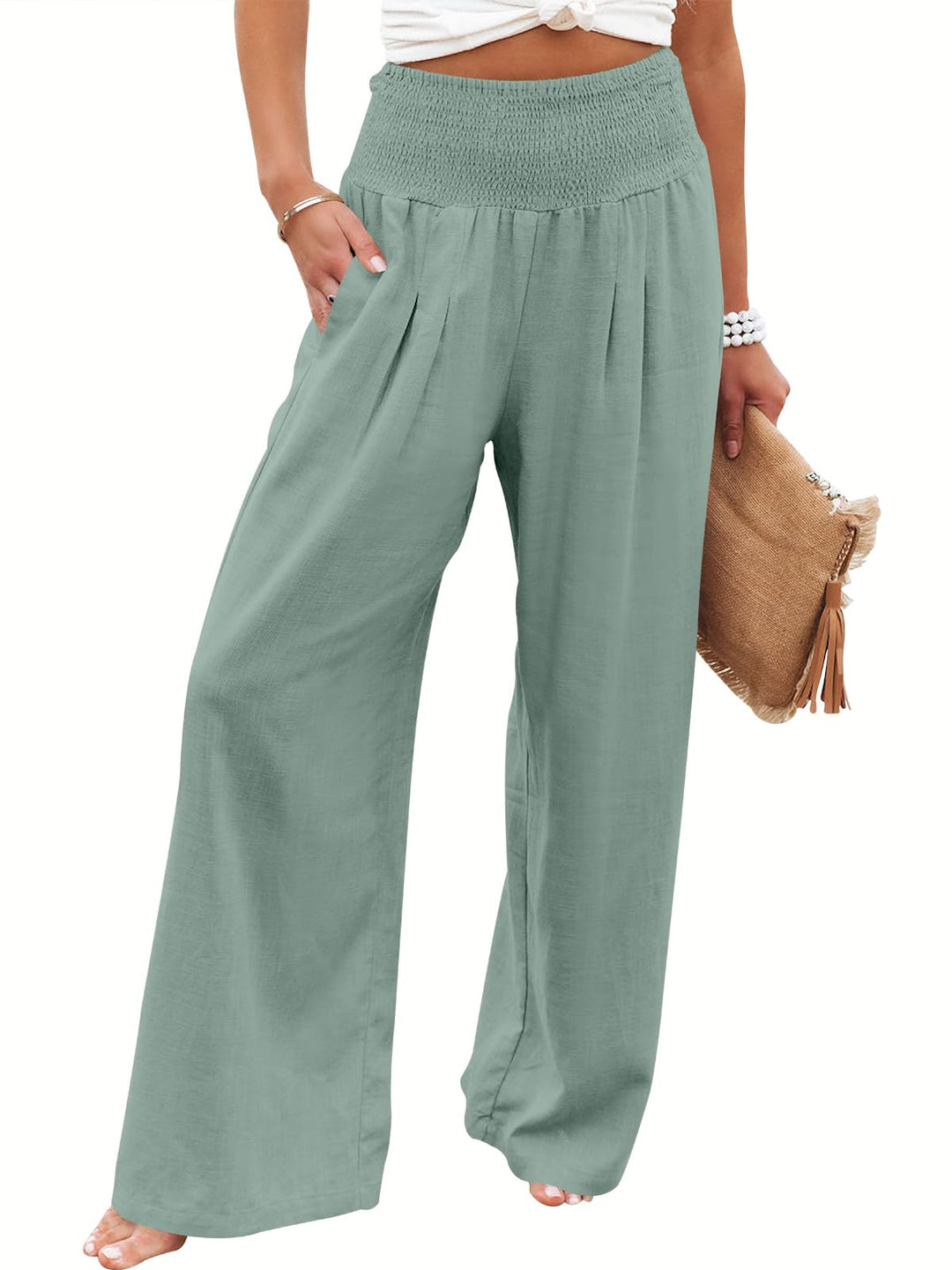 ANRABESS Linen Wide Leg Pants for Women Summer Boho High Waist Palazzo Pants Beach Lounge Casual Trousers with Pockets Vacation Clothes