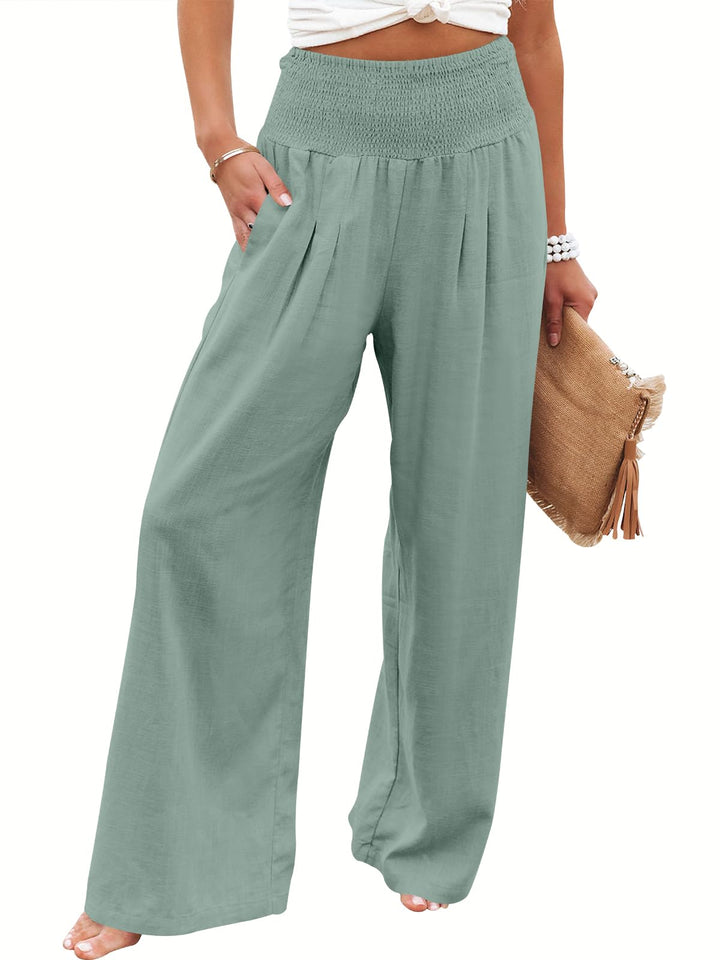ANRABESS Linen Wide Leg Pants for Women Summer Boho High Waist Palazzo Pants Beach Lounge Casual Trousers with Pockets Vacation Clothes
