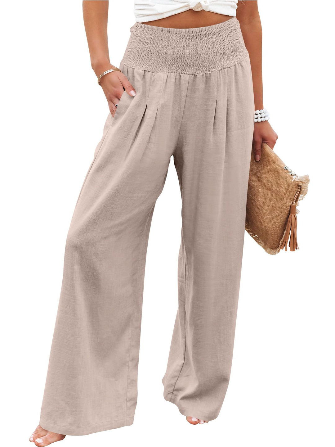 ANRABESS Linen Wide Leg Pants for Women Summer Boho High Waist Palazzo Pants Beach Lounge Casual Trousers with Pockets Vacation Clothes