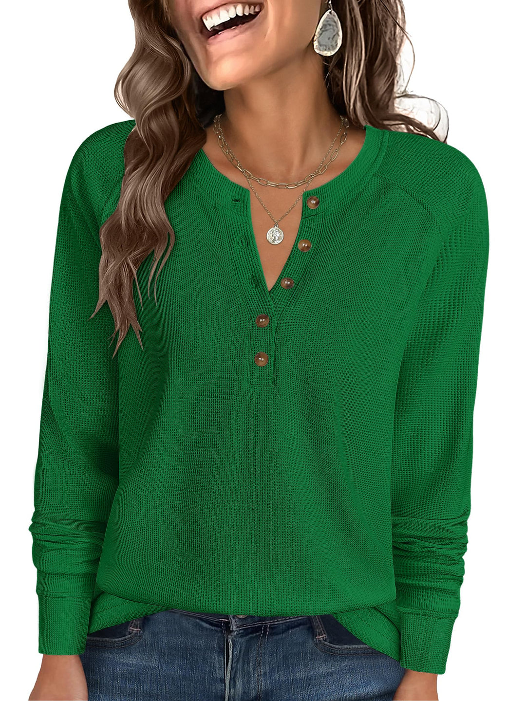 ANRABESS Long Sleeve Waffle Knit Shirts for Women Spring Fall Dressy Casual Button Up V Neck Henley Tops Loose Basic Tees Winter Clothes