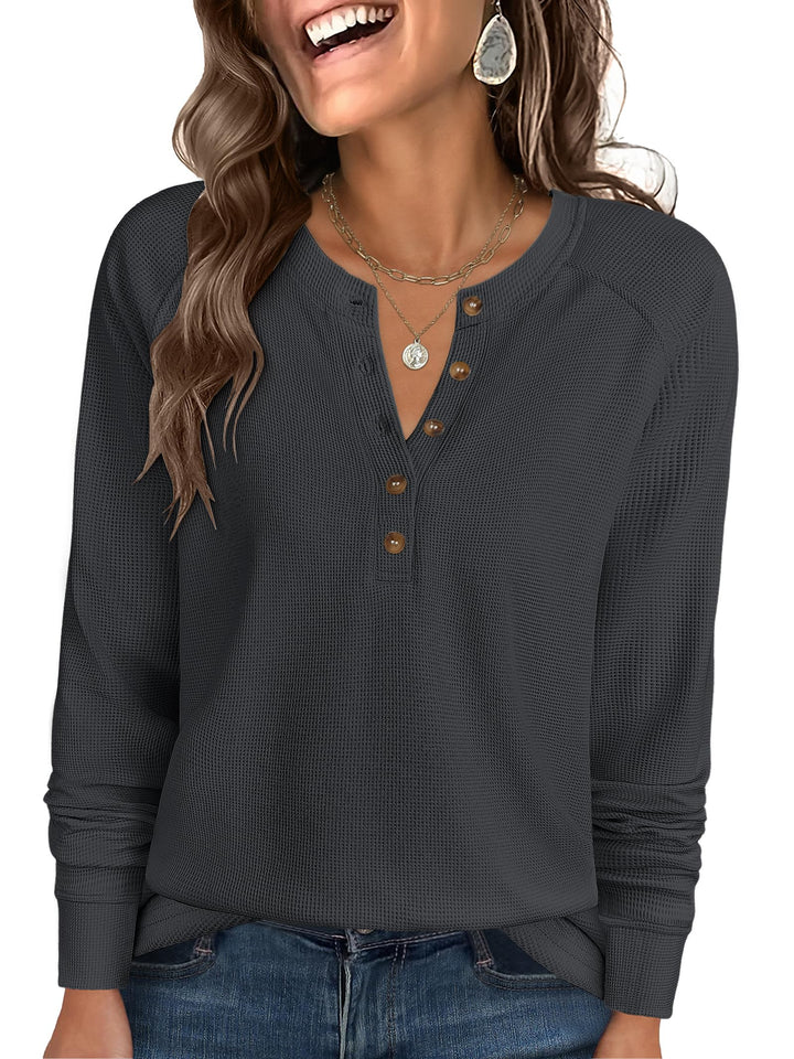 ANRABESS Long Sleeve Waffle Knit Shirts for Women Spring Fall Dressy Casual Button Up V Neck Henley Tops Loose Basic Tees Winter Clothes