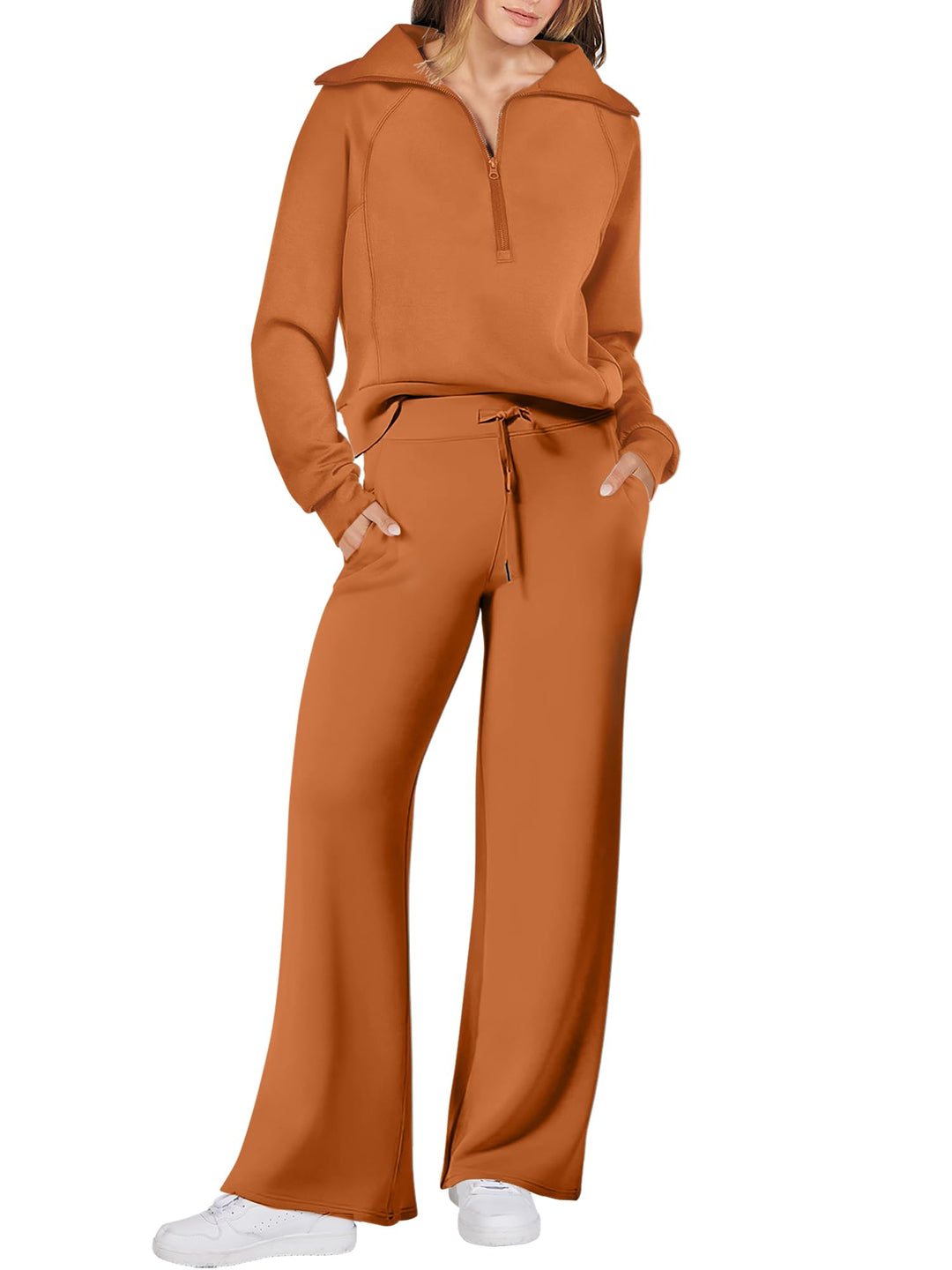 ANRABESS 2 Piece Outfits for Women Half Zip Sweatshirt & Wide Leg Pants Airport Travel Lounge Matching Fall Winter Sets Sweatsuits Clothing