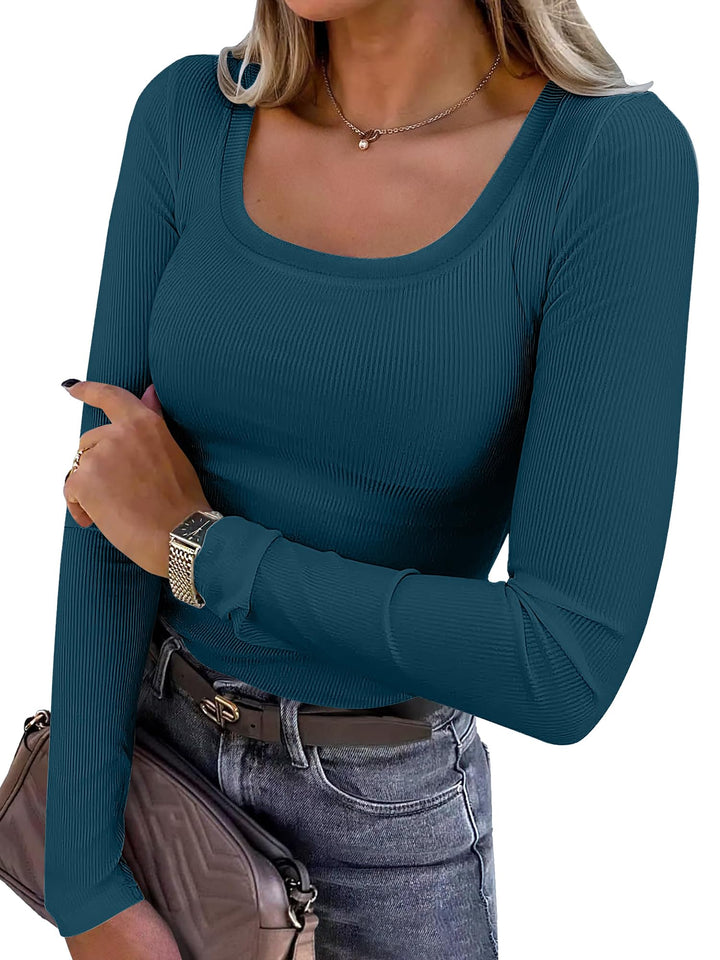 ANRABESS Long Sleeve Shirts for Women Ribbed Knit Slim Fitted Casual Tops Scoop Neck Basic Tee Spring Fall Fashion Clothes