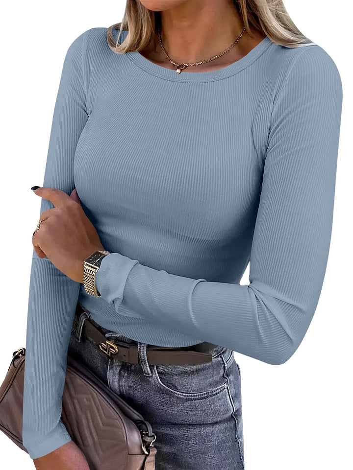ANRABESS Long Sleeve Shirts for Women Ribbed Knit Slim Fit Basic Tops Crewneck Tees Spring Fall Casual Underscrubs Layer Clothes