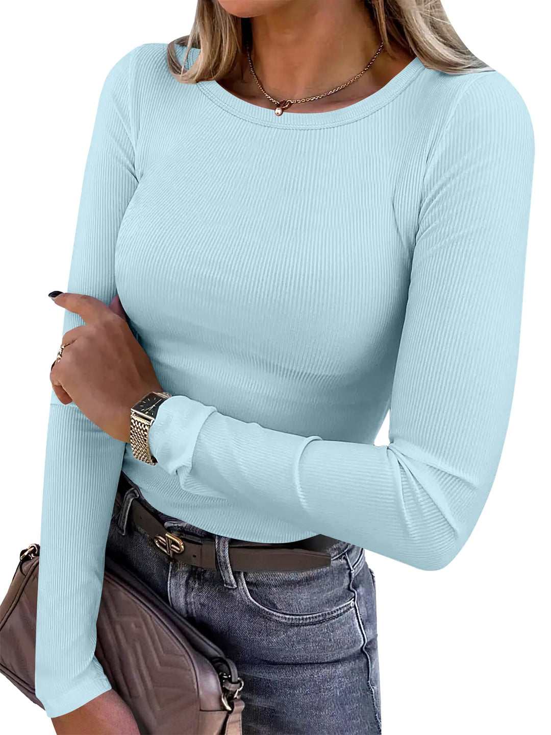 ANRABESS Long Sleeve Shirts for Women Ribbed Knit Slim Fit Basic Tops Crewneck Tees Spring Fall Casual Underscrubs Layer Clothes