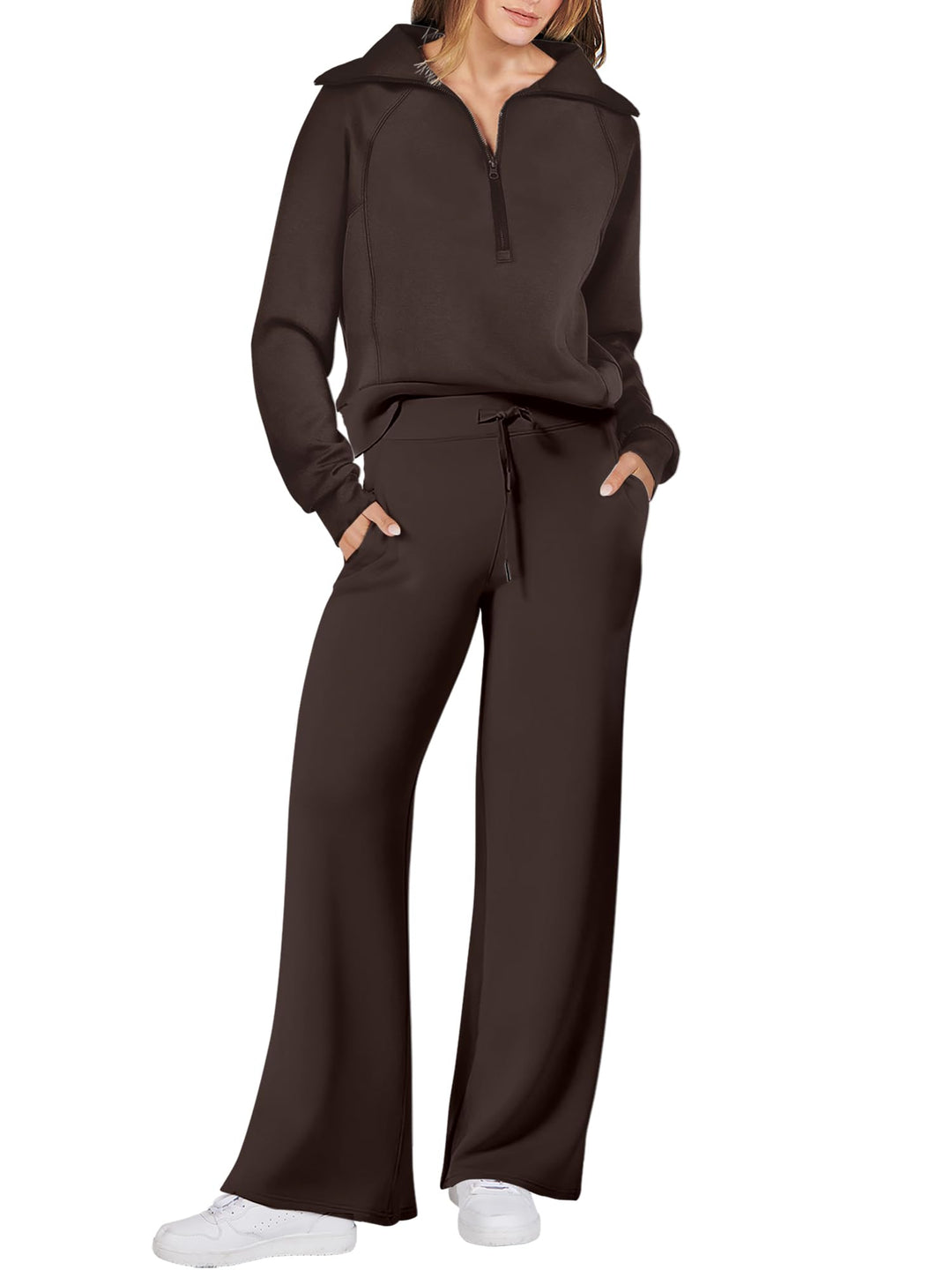 ANRABESS 2 Piece Outfits for Women Half Zip Sweatshirt & Wide Leg Pants Airport Travel Lounge Matching Fall Winter Sets Sweatsuits Clothing