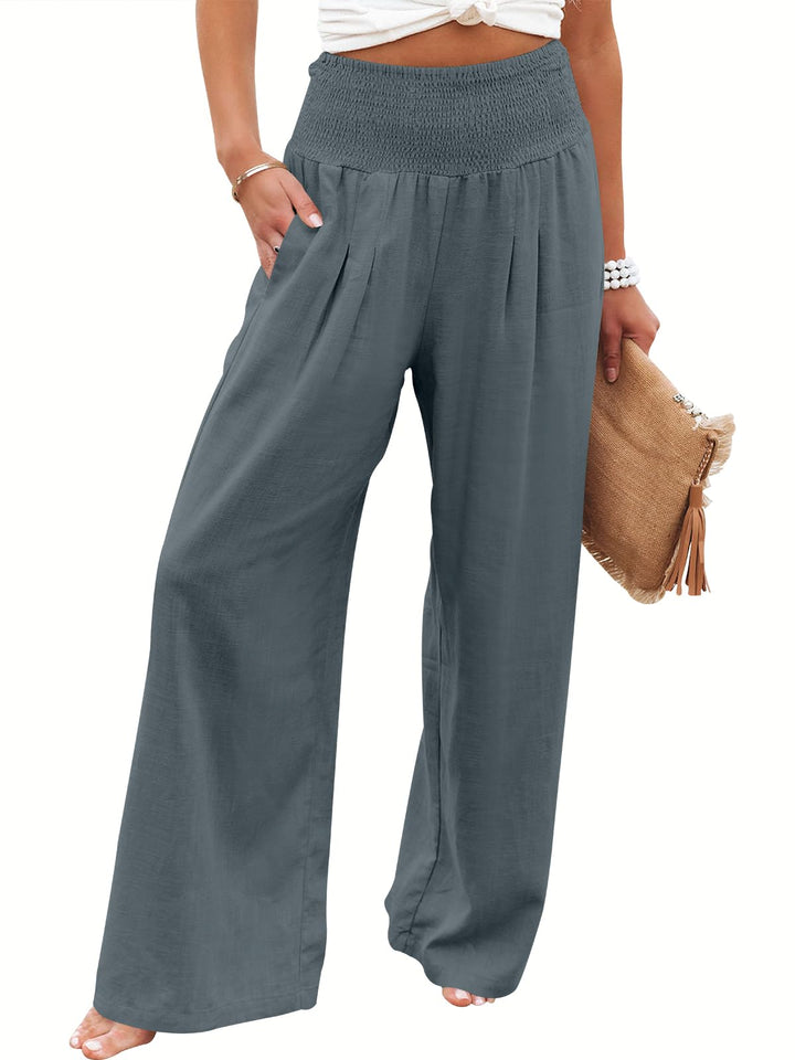 ANRABESS Linen Wide Leg Pants for Women Summer Boho High Waist Palazzo Pants Beach Lounge Casual Trousers with Pockets Vacation Clothes