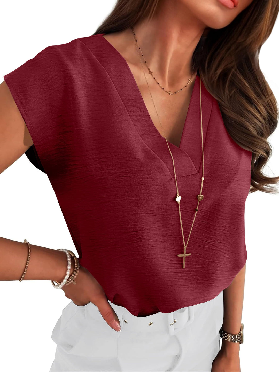 ANRABESS Women Tops V Neck T Shirts Cap Sleeve Business Casual Tops for Women Summer Loose Fit Dressy Work Office Blouses Cute Clothes Trendy Outfits
